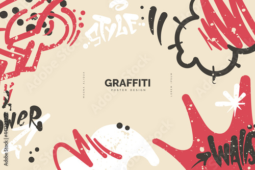 Abstract graffiti background with colorful tags, paint splashes, scribbles and throw up pieces. Street art banner design. Artistic poster in hand drawn graffiti style. Vector illustration photo
