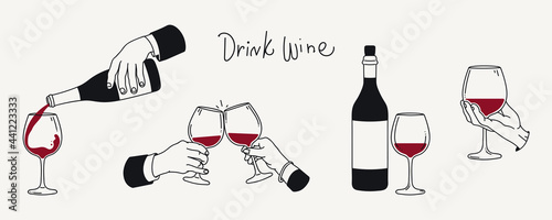 Drinking wine vector illustration set. Two hands with glasses, hand pouring wine, bottle, savoring a drink. Hand drawn style. Design elements for poster, menu, label.