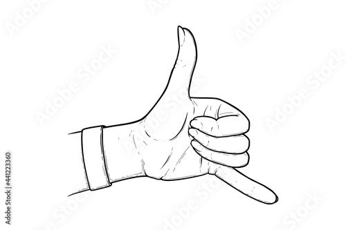 Shaka sign or hang loose. Aloha and shaka surfers hand gesture isolated in white background. Outline vector illustration photo