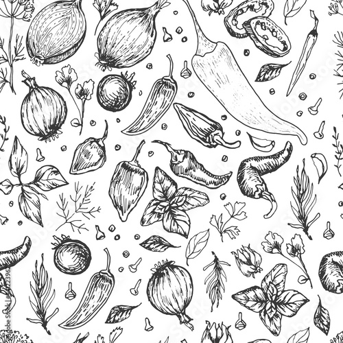 Spices garlic pepper vegetables herbs cooking vector graphics illustration by hand. Engraving print textile, menu recipe cooking food onion basil kitchen set patern seamless