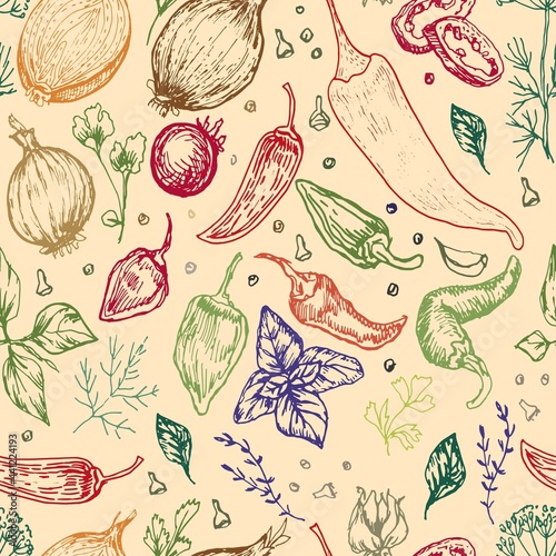 Spices garlic pepper vegetables herbs cooking vector graphics illustration by hand. Engraving print textile, menu recipe cooking food onion basil kitchen set patern seamless
