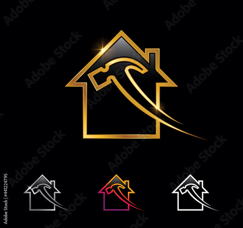Golden Home and Hammer Outline Vector Sign