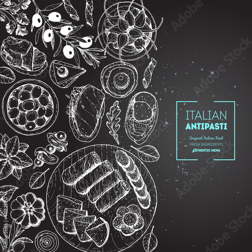 Italian food top view poster. A set of Italian Antipasti. Food menu design template. Vintage hand drawn sketch vector illustration. Engraved image