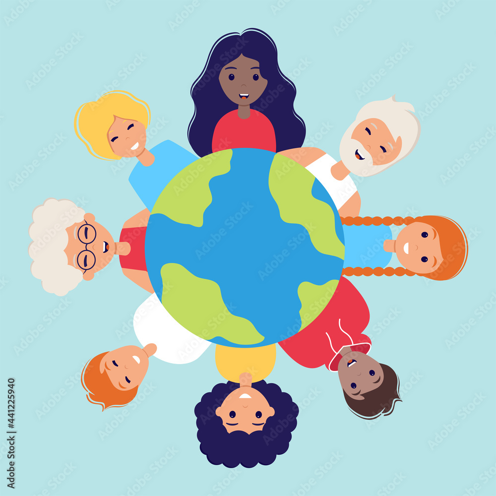 World smile day. Smiling people of different nationalities around planet Earth. Template for banner, postcard, card, invitation. Vector Illustration in flat style. World smile day. Smiling people of different nationalities around planet Earth. Template for banner, postcard, card, invitation. Vector Illustration in flat style.