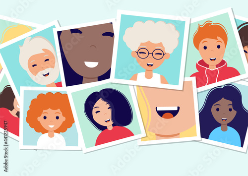 World smile day. Many pictures with smiling people of different nationalities. Photo frames on the table. Template for banner, postcard, card, invitation. Vector Illustration in flat style.