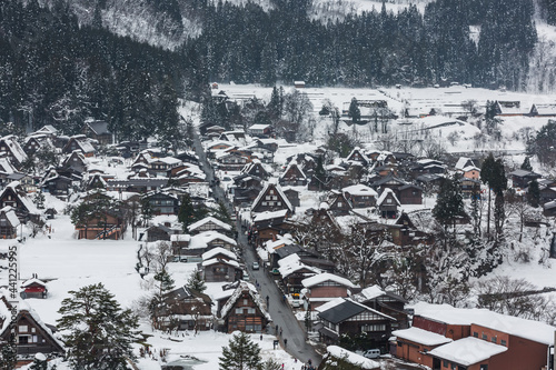 Shirakawa-go is village famous with snow in the winter for Gassho-zukuri (houses with steep thatched roofs) in Gifu prefecture, Japan