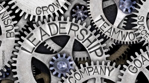 Group of rotating tooth wheels with Leadership sign imprinted on metal surface. Concept of Teamwork, Success and Competence. High quality 4k video.