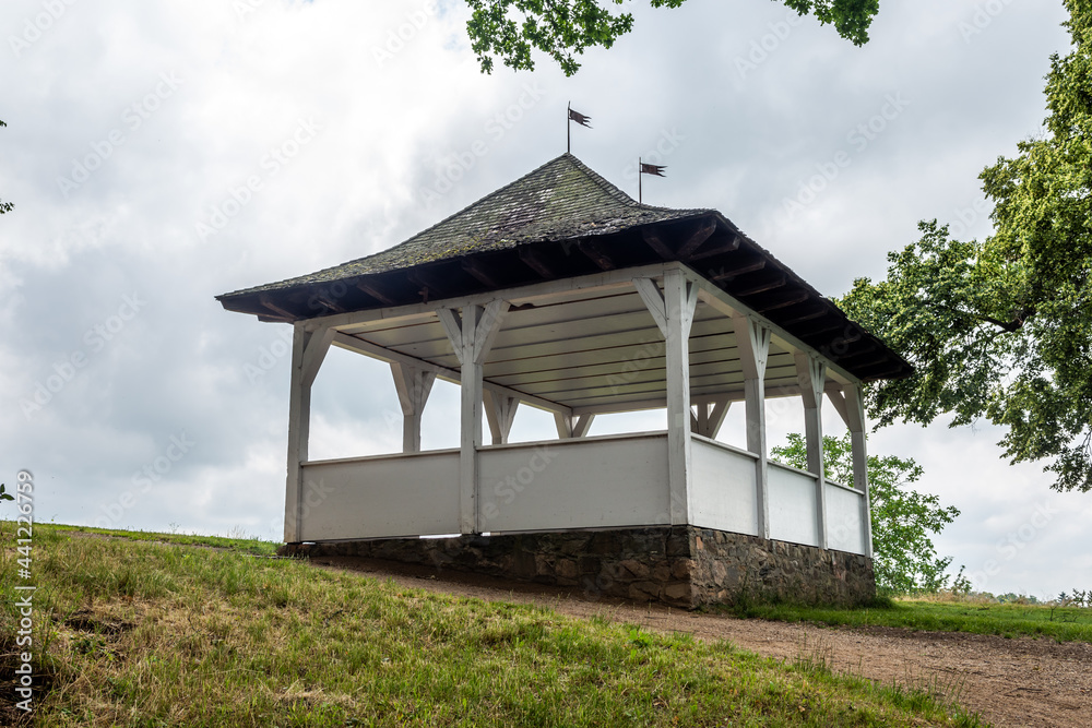 Fototapeta premium Old pavilion at Fürstenlager Park during summer, Bensheim Auerbach, germany