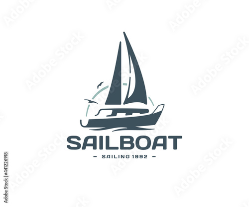 Sailing yacht logo design. Regatta on the background of birds and the sun vector design. Sea cruise logotype