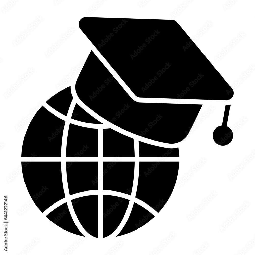 Globe with mortarboard, icon of global education Globe with mortarboard, icon of global education