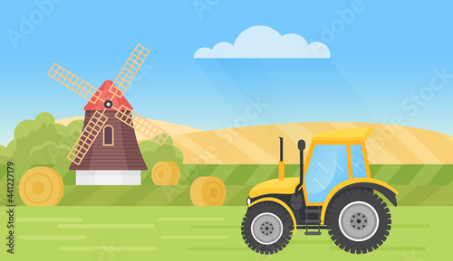 Farm tractor in summer village landscape vector illustration. Cartoon countryside scene with mills and haystacks, cultivated wheat fields on hills, agriculture tractor machine harvesting background