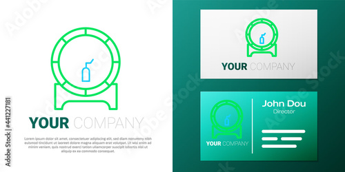 Line Wooden barrel on rack with stopcock icon isolated on white background. Colorful outline concept. Vector