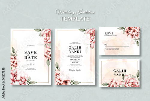 wedding invitation set template with peony flowers watercolour