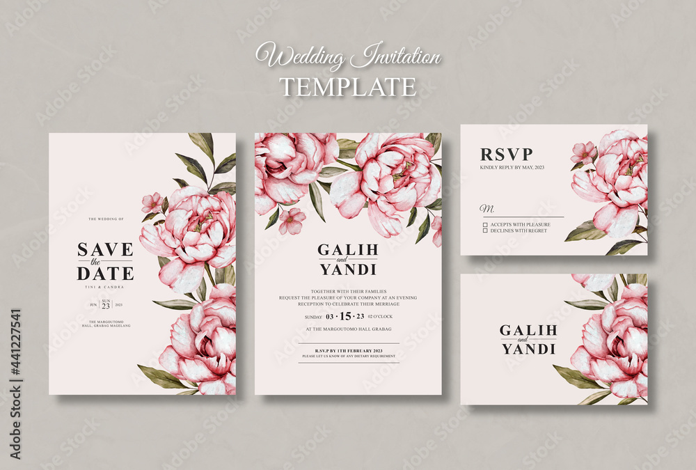 wedding invitation set template with peony flowers watercolour