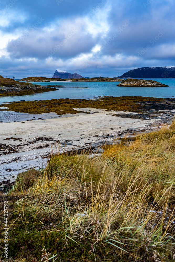 Inseln bei Sommaroy am Atlantik, in Troms, bei Tromsö, Norwegen. Herbst mit Wind, Wolken und Wellen, gelbem Gras und braunem Tang am Ufer, grün blaues Meer, Hoya im Hintergrund