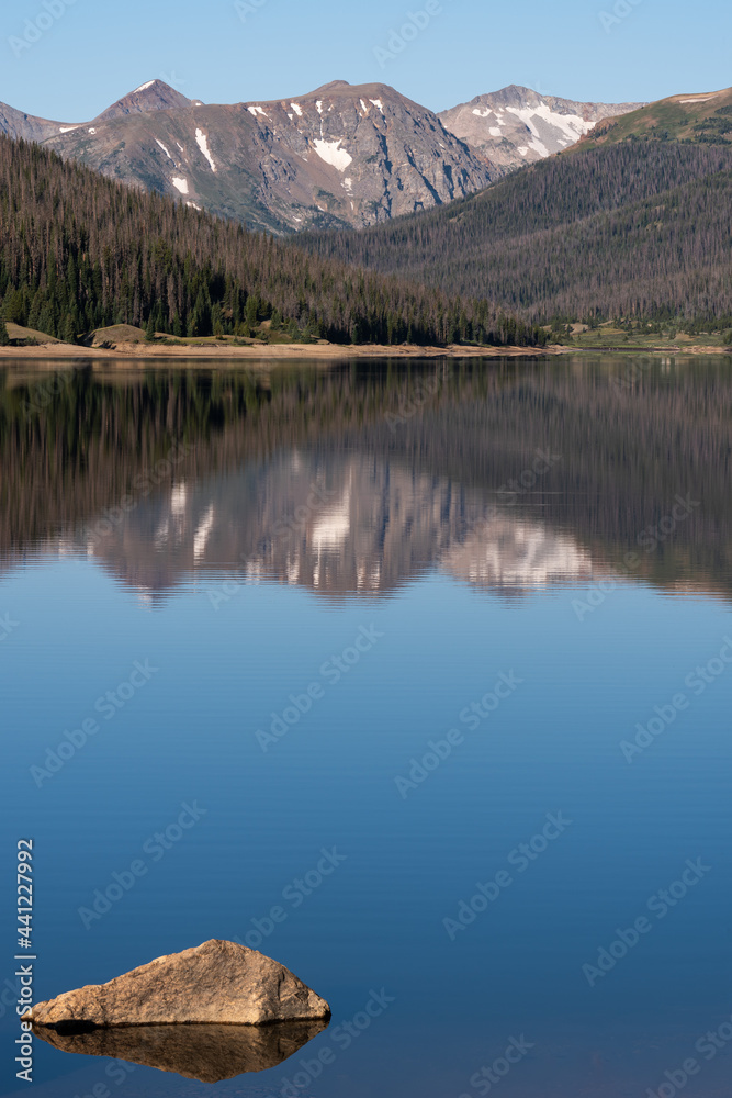 The Never Summer Mountain Range is located within Rocky Mountain National Park, south of Long Draw Reservoir.