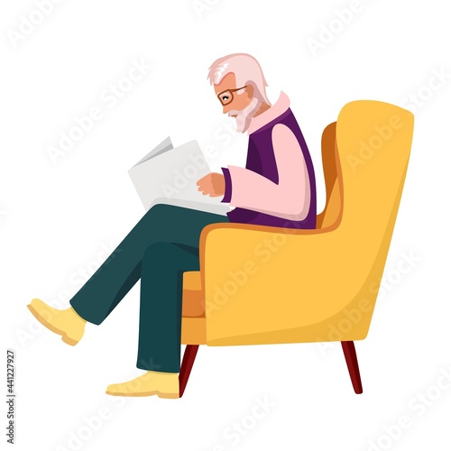 An older male grandfather reads a newspaper while sitting in a chair. Elderly people are cartoon characters. Old age. Vector illustration of a flat style, isolated on a white background