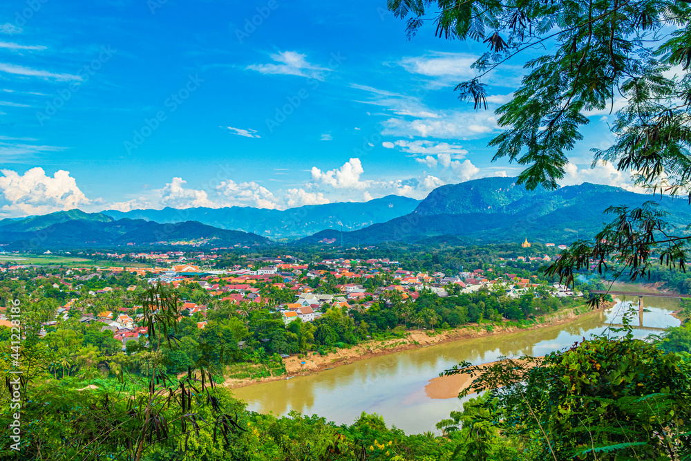 Luang Prabang city in Laos landscape panorama with Mekong river.