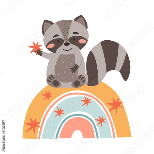 Image with cute cartoon raccoon on a colorful rainbow. Vector graphics on a white background. For the design of posters, postcards, notebook covers, childrens illustrations, prints for mugs.
