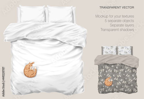 Vector blank white bed mock up for your design and fabric textures. Pillows and blanket with transparent shadows. Orange cat slipping on the bed. View from the top