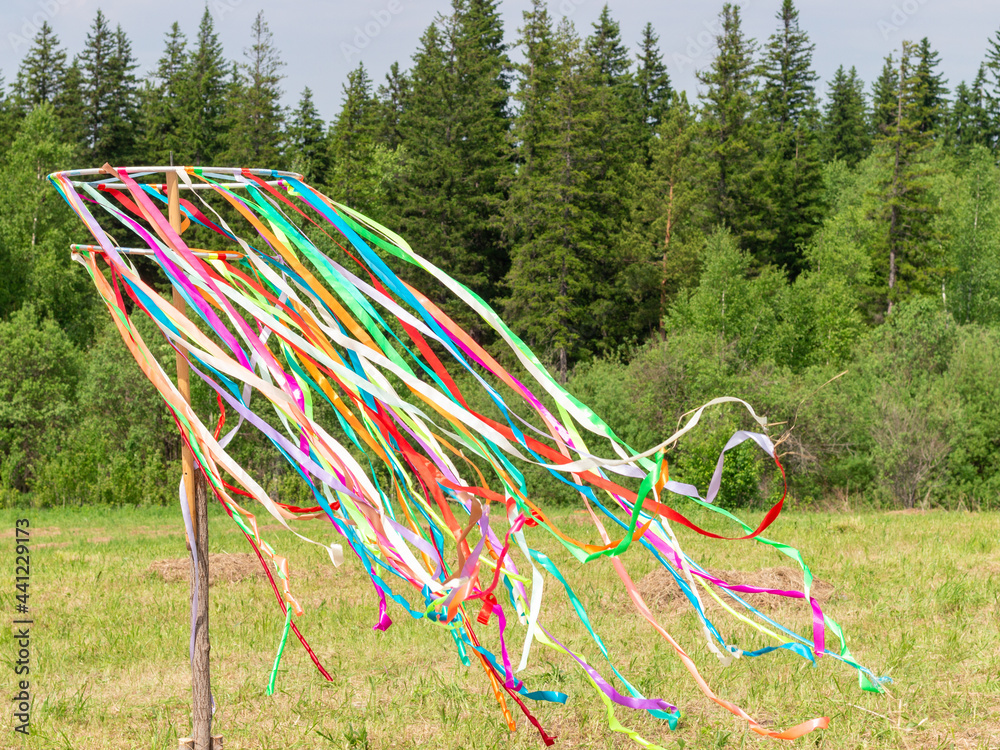 Midsummer Ribbons Satin ribbons fluttering in the wind on a Maypole against forest ...