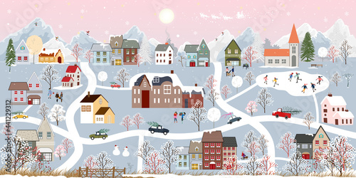 Winter wonderland landscape background at night with people having fun in the city on new year,Christmas day in village with people celebration, kids playing ice skate, teenager skiing on mountain