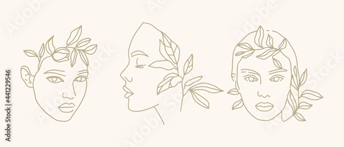 Vector set. Fashion sketch in  minimalist style, linear drawing. Faces of girls and plants, ornaments from leaves. Profile, full face. Elements for logo design. Organic care products, beauty industry.