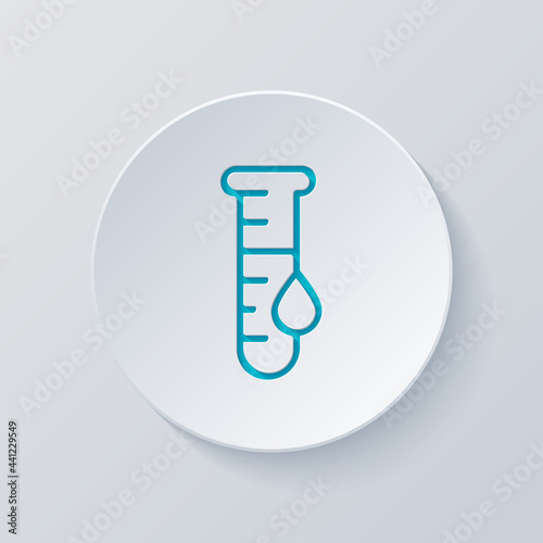 Test tube with blood, medical logo, simple icon. Cut circle with gray and blue layers. Paper style