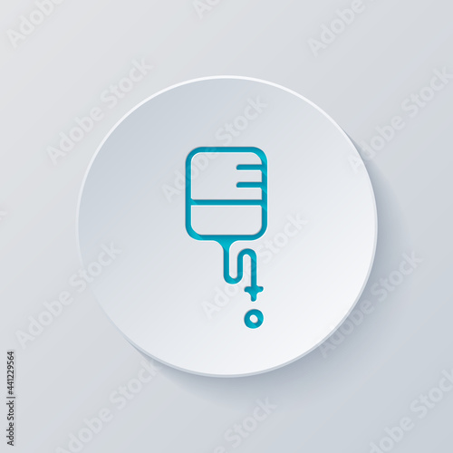 Blood bag, donor day, simple medical logo. Cut circle with gray and blue layers. Paper style