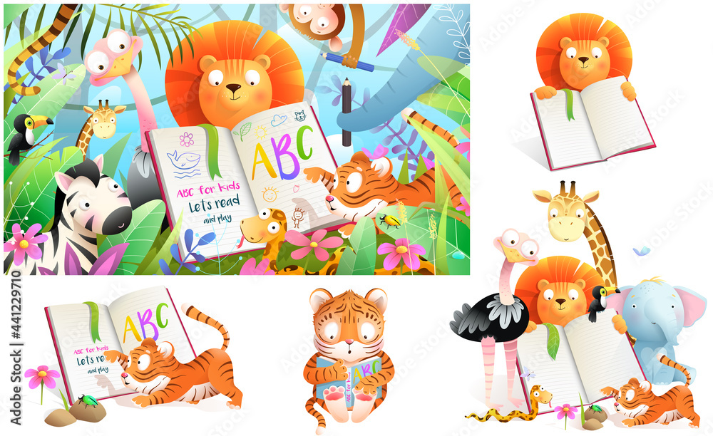Naklejka premium Jungle zoo animals in tropical forest studying to read book and write. Collection of kids cartoon animals at school. Vector cartoon illustration in watercolor style.