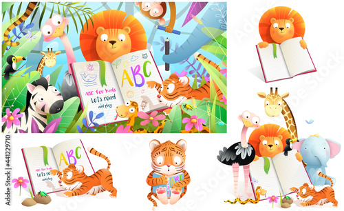 Jungle zoo animals in tropical forest studying to read book and write. Collection of kids cartoon animals at school. Vector cartoon illustration in watercolor style.