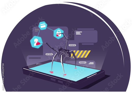Cyber ​​spider on smartphone hacks data vector illustration. Hacking a smartphone