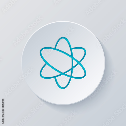 Scientific atom, simple icon. Cut circle with gray and blue layers. Paper style
