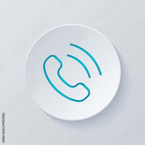 Call icon, logo of main mobile app. Cut circle with gray and blue layers. Paper style