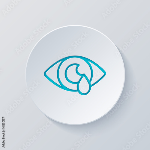 Sore eyes, painful redness, tears from pain, medicine icon. Cut circle with gray and blue layers. Paper style