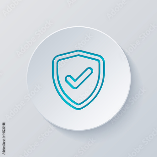 Shield with check mark, logo of protection, simple icon. Cut circle with gray and blue layers. Paper style