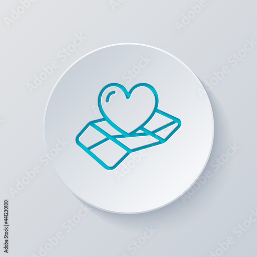 Paper map and heart, favorite addresses, loved places. Cut circle with gray and blue layers. Paper style