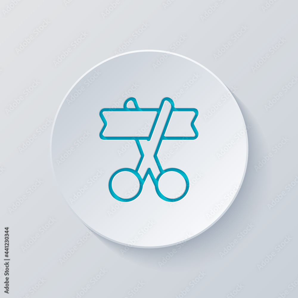 Grand opening, scissors and ribbon. Cut circle with gray and blue layers. Paper style