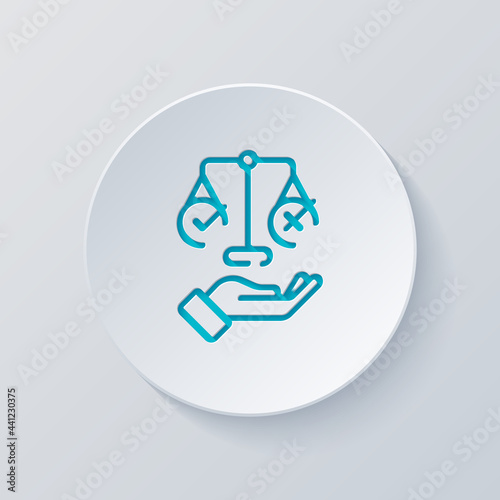 Ethic and moral of social life, scale icon. Cut circle with gray and blue layers. Paper style