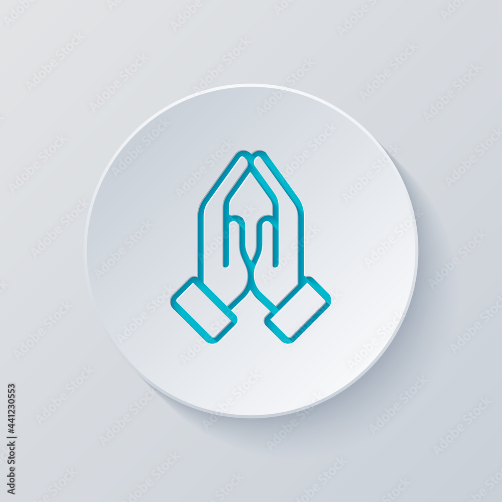 Praying hands, emoji symbol, simple icon. Cut circle with gray and blue ...