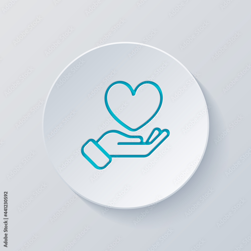 Hand and heart, help and care, simple icon. Cut circle with gray and blue layers. Paper style Hand and heart, help and care, simple icon. Cut circle with gray and blue layers. Paper style