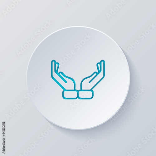 Praying hands, emoji symbol, simple icon. Cut circle with gray and blue layers. Paper style