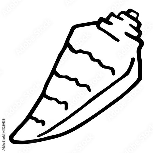 Hand drawn vector striped seashell in doodle style. Black snail shell isolated on white background.