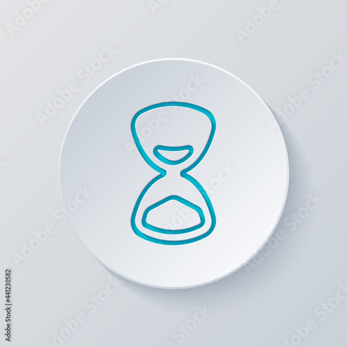 Old hourglass, simple wait icon. Cut circle with gray and blue layers. Paper style