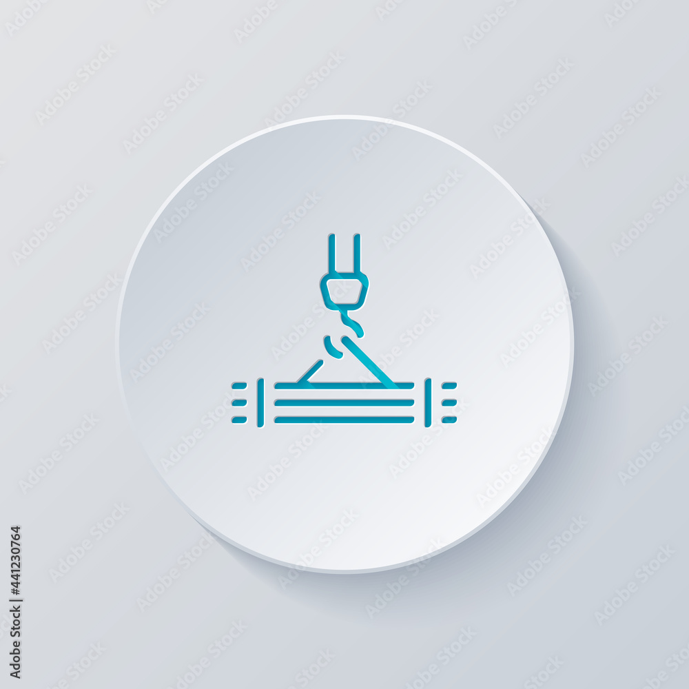 Construction crane, building machine, simple icon. Cut circle with gray and blue layers. Paper style