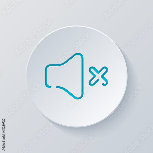 Mute sound, audio off, simple icon. Cut circle with gray and blue layers. Paper style