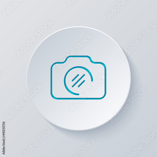 Photo camera, simple digital icon. Cut circle with gray and blue layers. Paper style