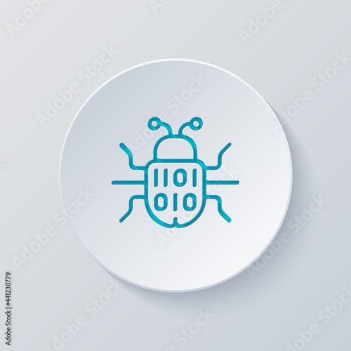 Simple bug icon, computer virus or malware. Cut circle with gray and blue layers. Paper style
