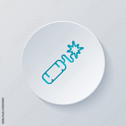 Dynamite with fuse, simple icon. Cut circle with gray and blue layers. Paper style