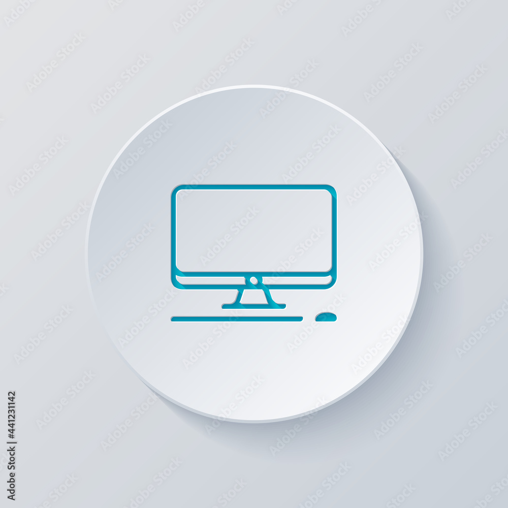 Desktop computer, simple icon. Cut circle with gray and blue layers. Paper style Desktop computer, simple icon. Cut circle with gray and blue layers. Paper style
